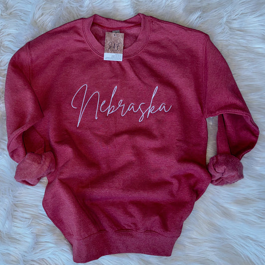 Nebraska Cursive Embroidery - Heather Red